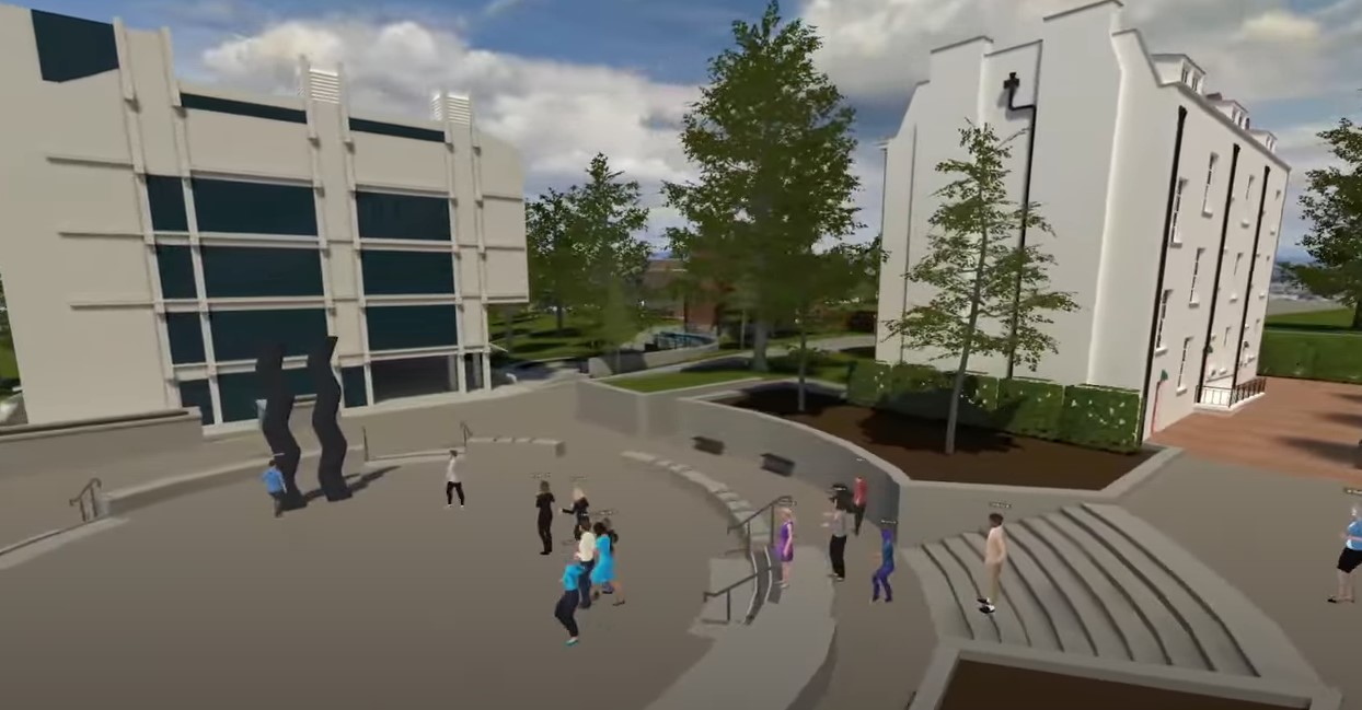Screen shot from youtube live launch. Avatars featured in the Leeds Digital Twin on campus by the 'wavy bacon' statue.
