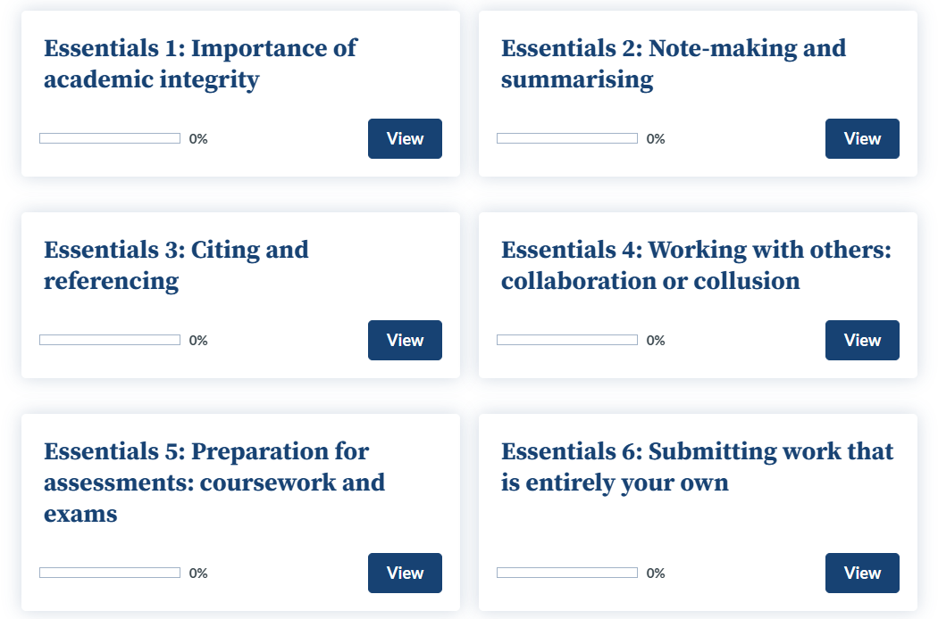 Screenshot from the Academic Integrity Module showing sections in the Essentials component
