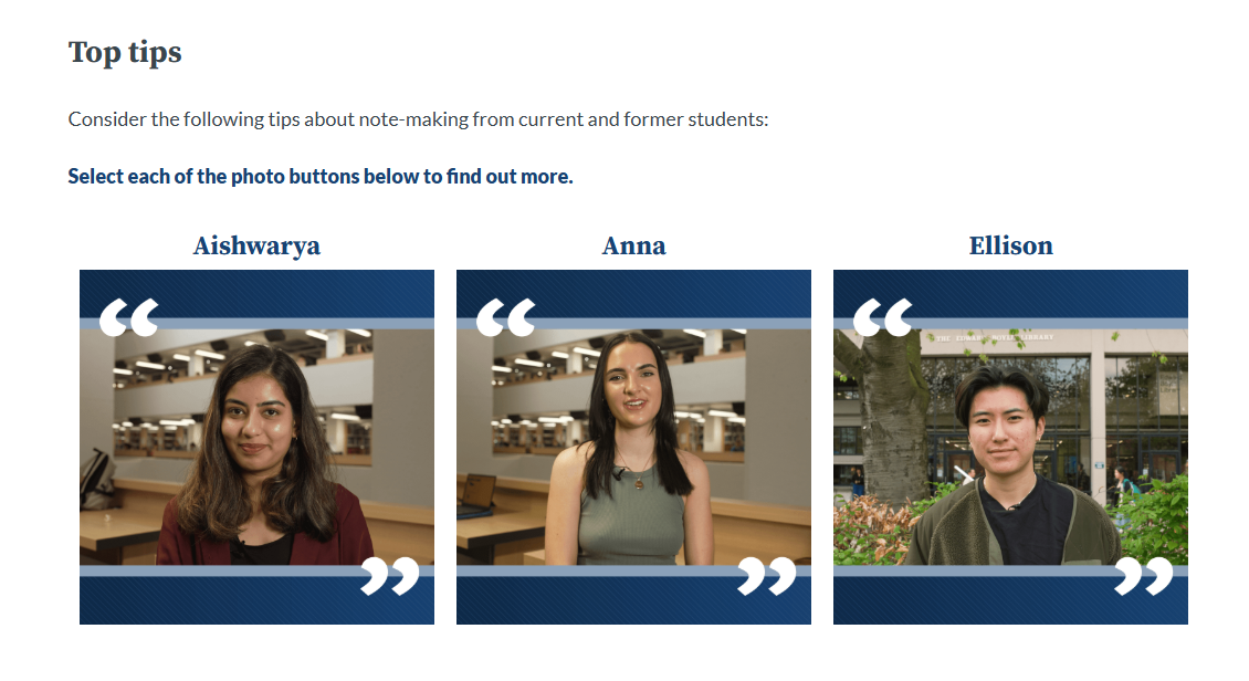 Screenshot from the Academic Integrity Module showing student stories