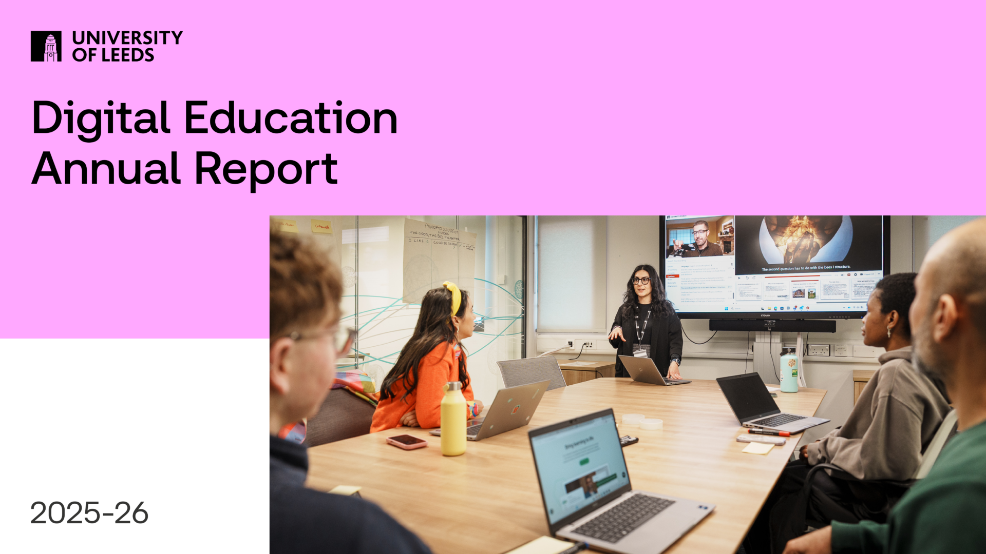 Anual Report 2025-26 cover image featuring several people watching a live presentation.