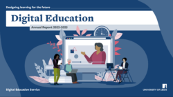 Annual Report cover image. Feature people using digital tools.